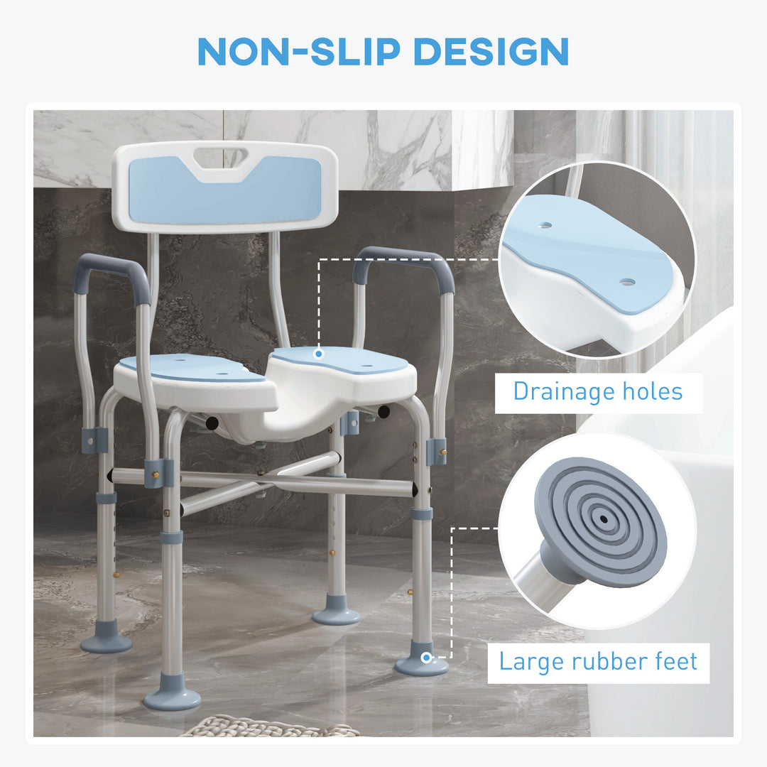 HOMCOM Shower Chair with Upgraded U-shaped Seat and Reinforced Crossbars, Height Adjustable Padded Bath Chair with Non-slip Feet for Elderly Seniors Disabled Handicap, Tool-Free Assembly, Light Blue | Aosom UK