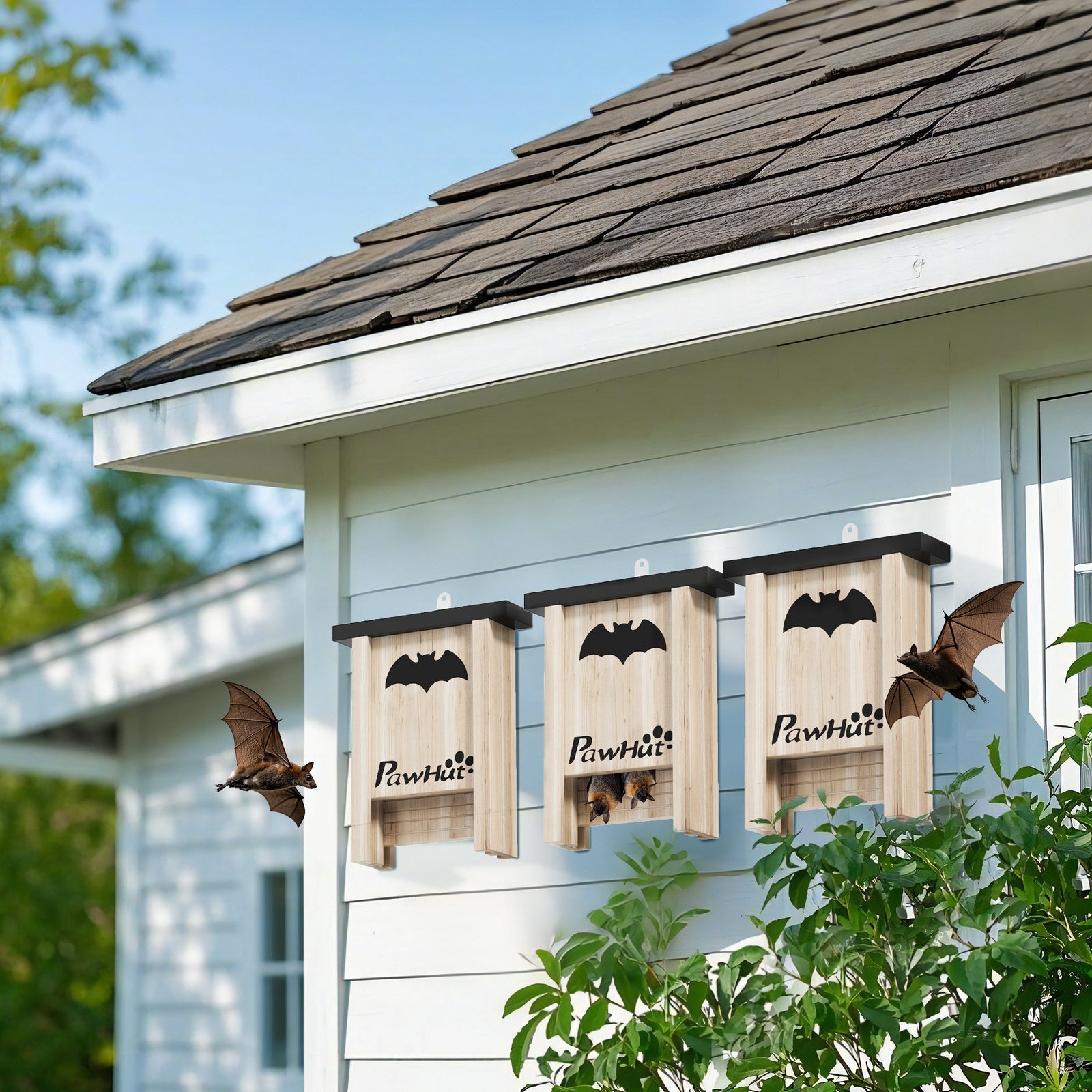 3PCs Wooden Bat Boxes, Bat Houses Designed to Attract Bats & Easy to Hang for Outdoor, Garden, Farm, 18 x 6 x 22.5 cm