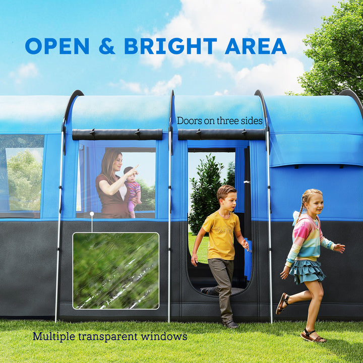8-Person Camping Tent, Waterproof Family Tent, Tunnel Design, 4 Large Windows, Sleeping Cabins 3000mm Water Column Blue