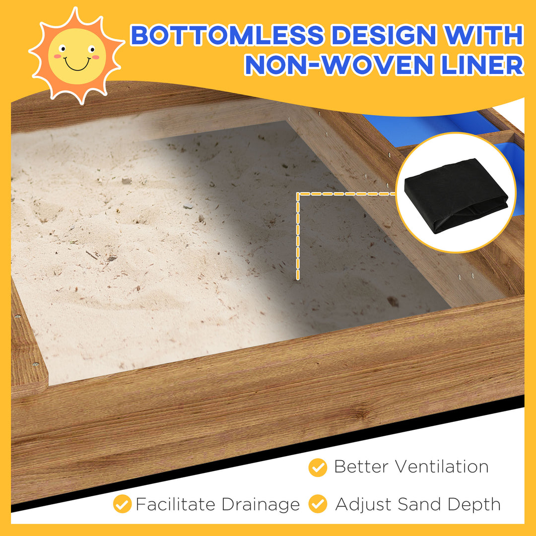 House-Designed Wooden Sandbox, Outdoor Sandpit, with Blackboard, Toys, Sink, Seats, Flags, for Ages 3-7 Years - Brown