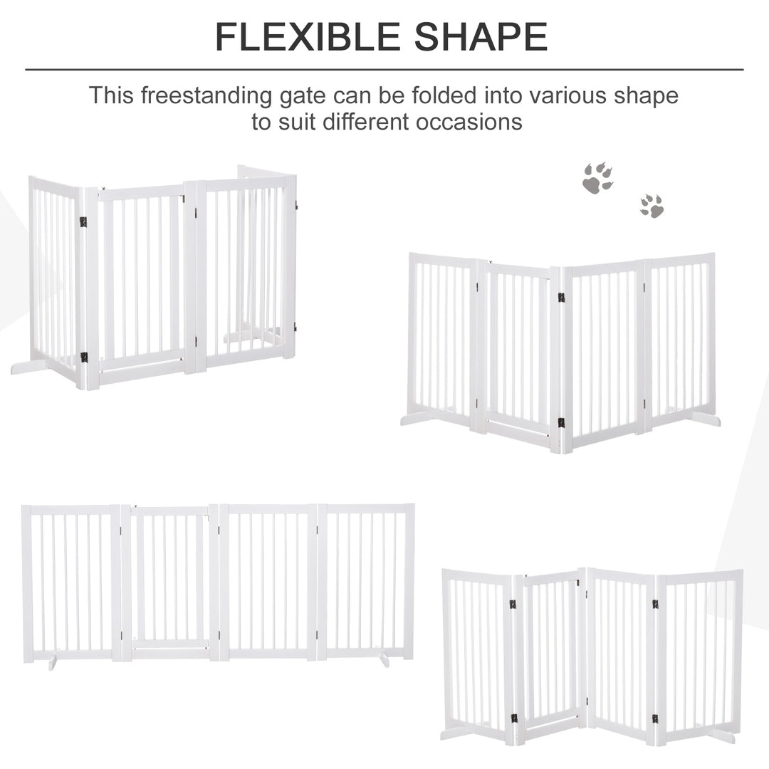 PawHut Wooden Freestanding Pet Gate 4 Panels 91cm Foldable Dog Safety Fence with 2 Support Feet Walk-through Door for Doorway Stairs White | Aosom UK