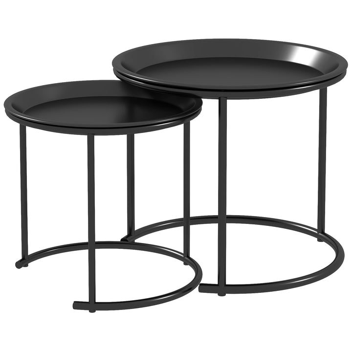 Nesting Tables Set of 2, Side End Table with Removable Tabletop Tray and Steel Frame for Living Room, Bedroom, Black