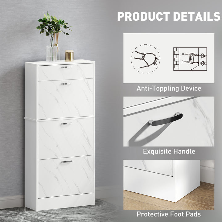 Marble Shoe Storage Cabinet with 3 Flip Drawers, Hallway Cabinet with Top Drawer and Adjustable Shelves, Shoe Cupboard for 18 Pairs, White