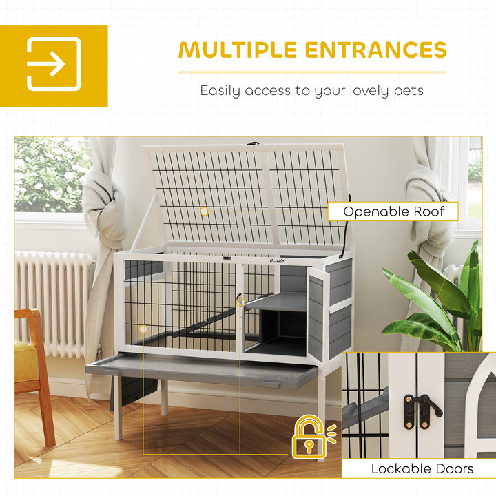 Wooden Rabbit Hutch, Guinea Pig Cage, with Removable Tray, Openable Roof, Grey