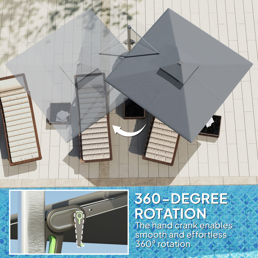3(m) Garden Cantilever Parasol with Solar LED Lights, Cross Base, 360° Rotation, Crank Handle and Tilt, Grey
