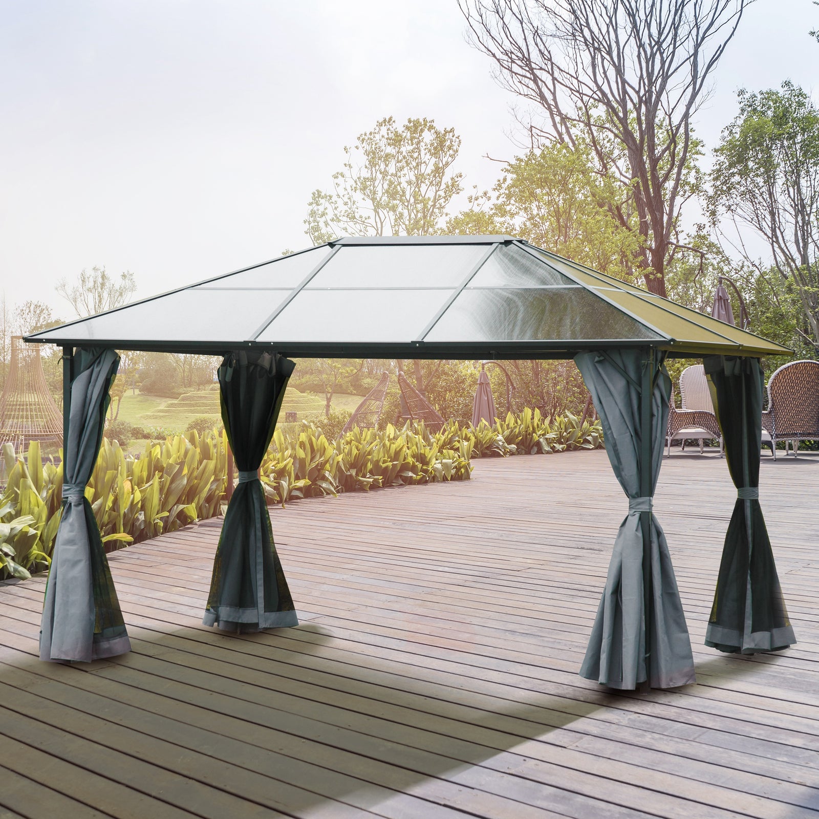 3 x 4m Hardtop Gazebo Canopy with Polycarbonate Roof, Aluminium Frame, Permanent Pavilion Garden Gazebo with Netting and Curtains - Grey