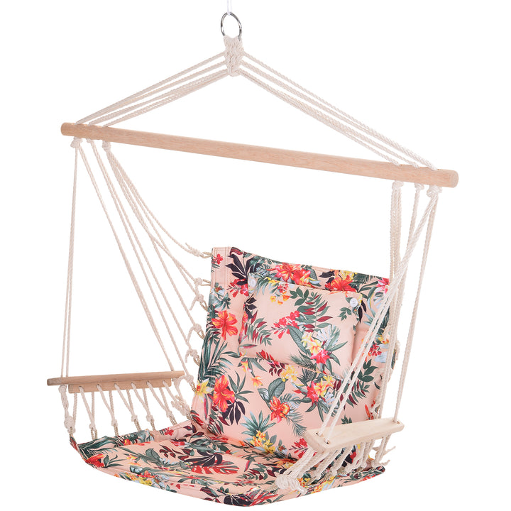 Outsunny Garden Outdoor Hanging Hammock Chair Thick Rope Frame Wooden Arms Safe Wide Seat Garden Outdoor Spot Stylish Multicoloured floral | Aosom UK