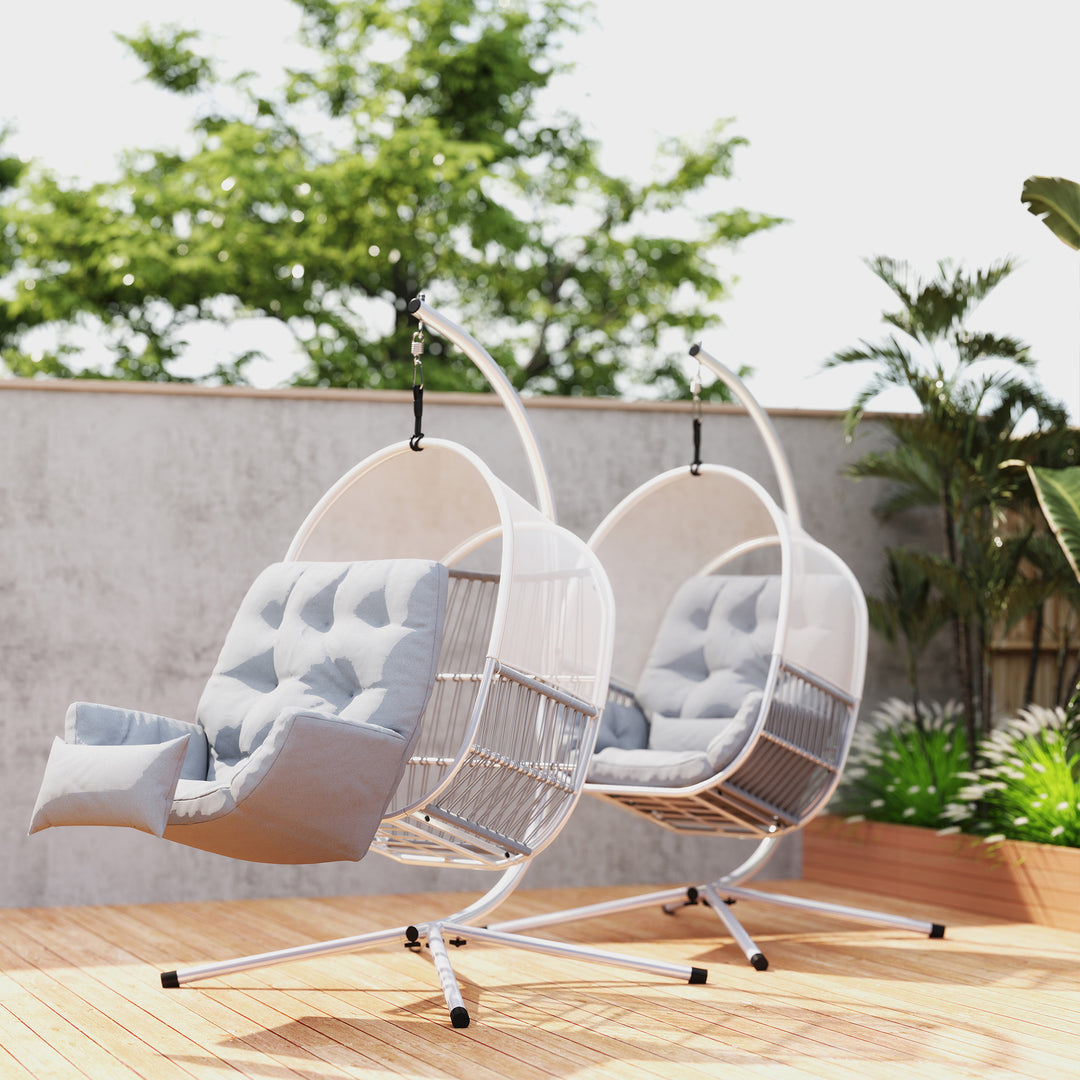 Hanging Egg Chair Outdoor Indoor, Swing Hammock Chair with Stand, Cushions, Lumbar Pillow, Adjustable Height and Steel Frame for Garden Patio Lounge Porch, Light Grey