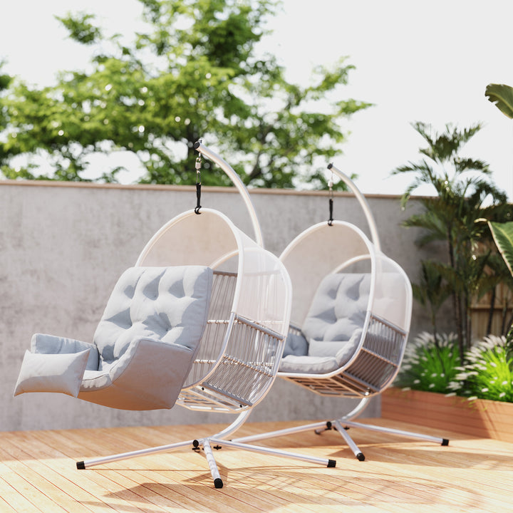 Hanging Egg Chair Outdoor Indoor, Swing Hammock Chair with Stand, Cushions, Lumbar Pillow, Adjustable Height and Steel Frame for Garden Patio Lounge Porch, Light Grey