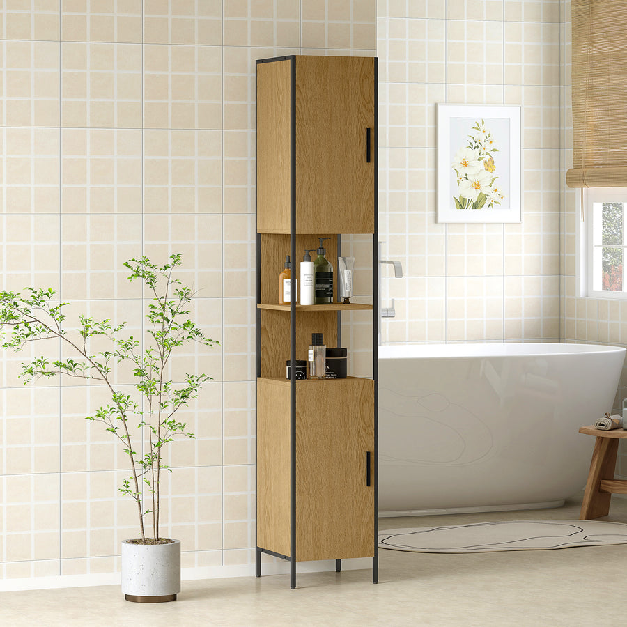 Tall Bathroom Cabinet with 2 Doors, Open Compartments and Adjustable Shelves - Natural Wood Finish