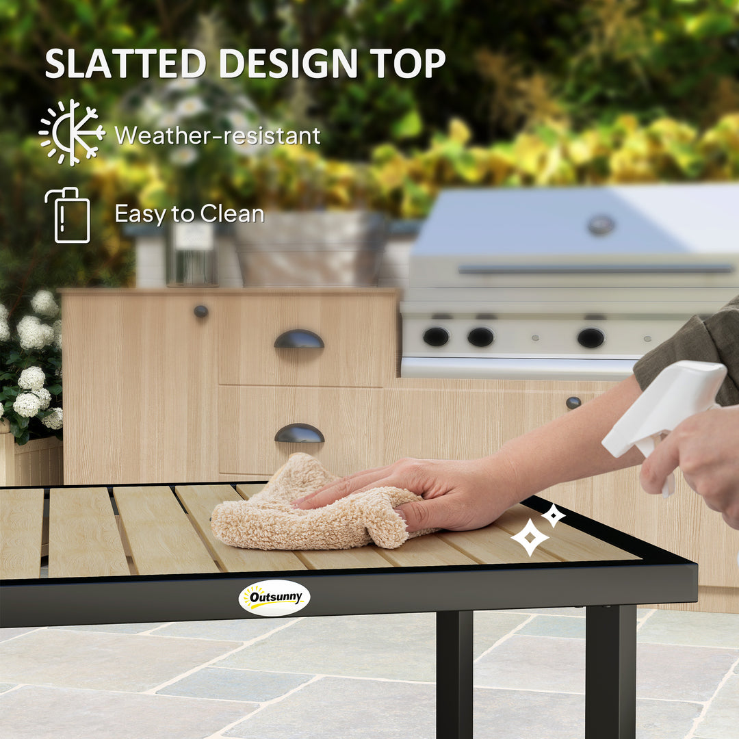 Square Garden Dining Table with 5.4cm Parasol Hole, Slatted Top, Metal Frame, 86 x 86 x 71cm, Brown