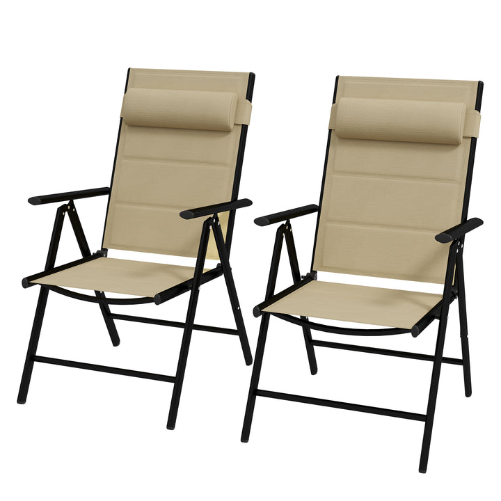 Outsunny Set of 2 Patio Folding Chairs w/ Adjustable Back, Garden Dining Chairs w/ Mesh Fabric Padded Seat, Backrest, Headrest, Khaki | Aosom UK