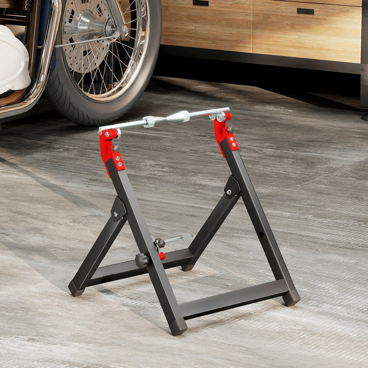 Foldable Motorcycle Wheel Balancer Truing Stand with Spoke Wrench, Steel Bike Tyre Rim Balancing Stand with Aluminium Shaft, Fits Wheels up to 23" in Diameter, 5" in Width, Black