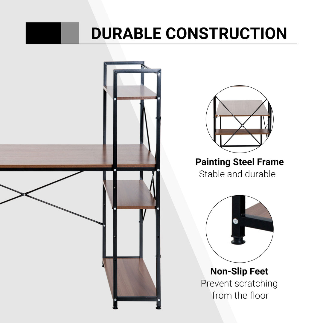 HOMCOM Workstation Desk with 4-Tier Bookshelf, Study PC Table, Home Office, Metal Frame, Wooden Top, Walnut & Black | Aosom UK