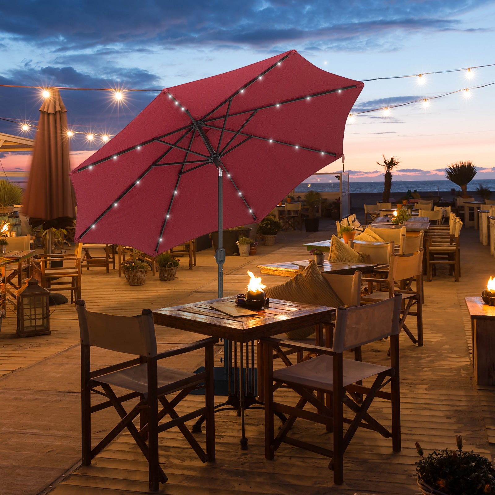 2.7m Patio Garden Umbrella Outdoor Parasol with Tilt Crank and 24 LEDs Lights (Red)