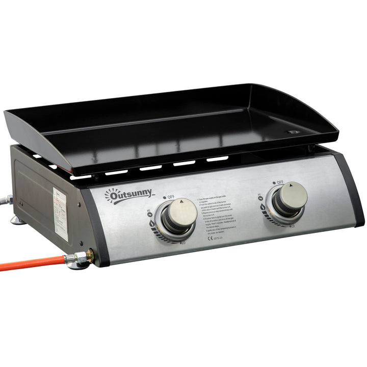 Gas Plancha Grill with 2 Stainless Steel Burner, 6kW, Portable Tabletop Gas BBQ with Non-Stick Griddle for Camping Picnic Garden Party Festival