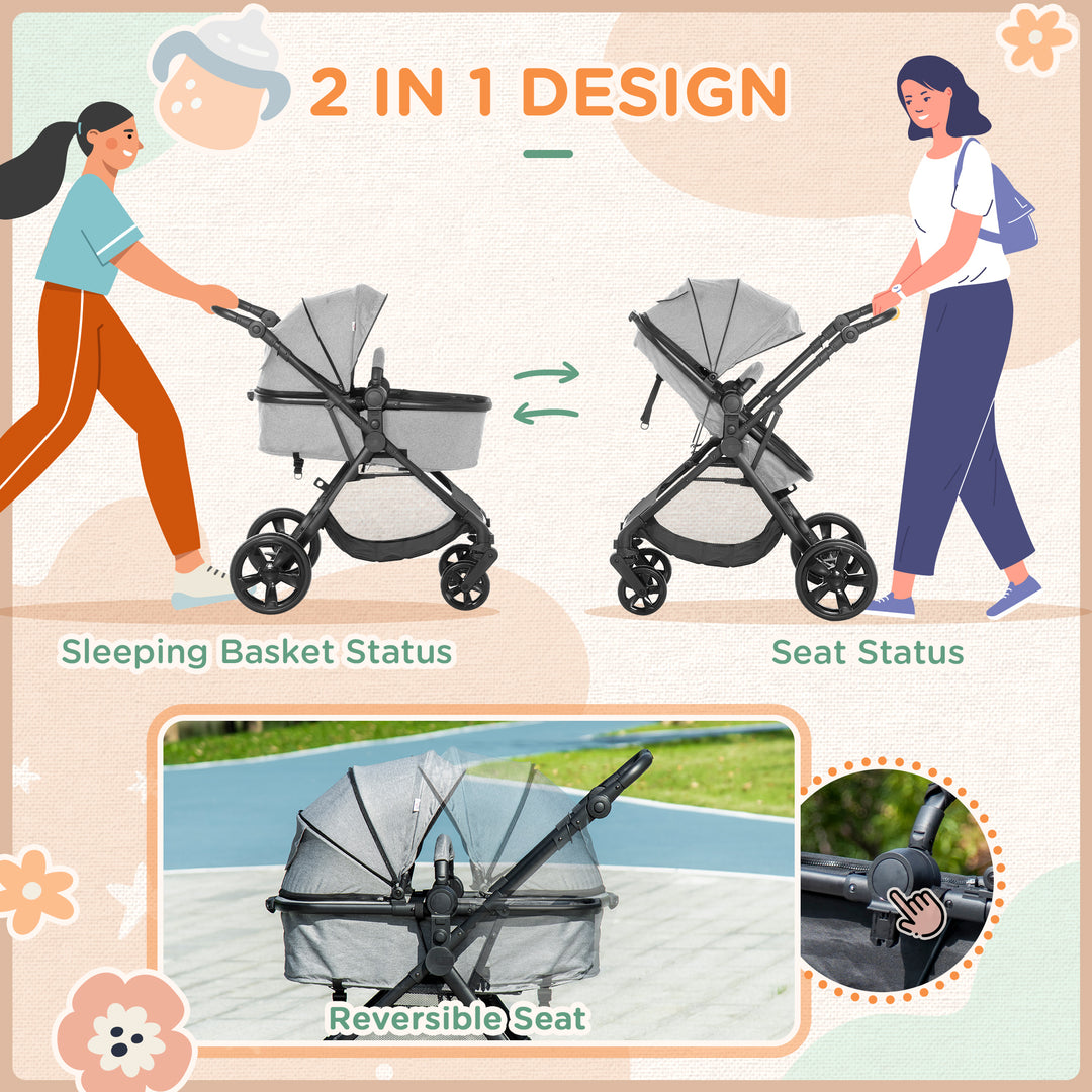 HOMCOM Pushchair 2 in 1, Lightweight Reversible Seat Stroller, Foldable & Fully Reclining for Newborn to 3 Years with 5-Point Harness, Grey