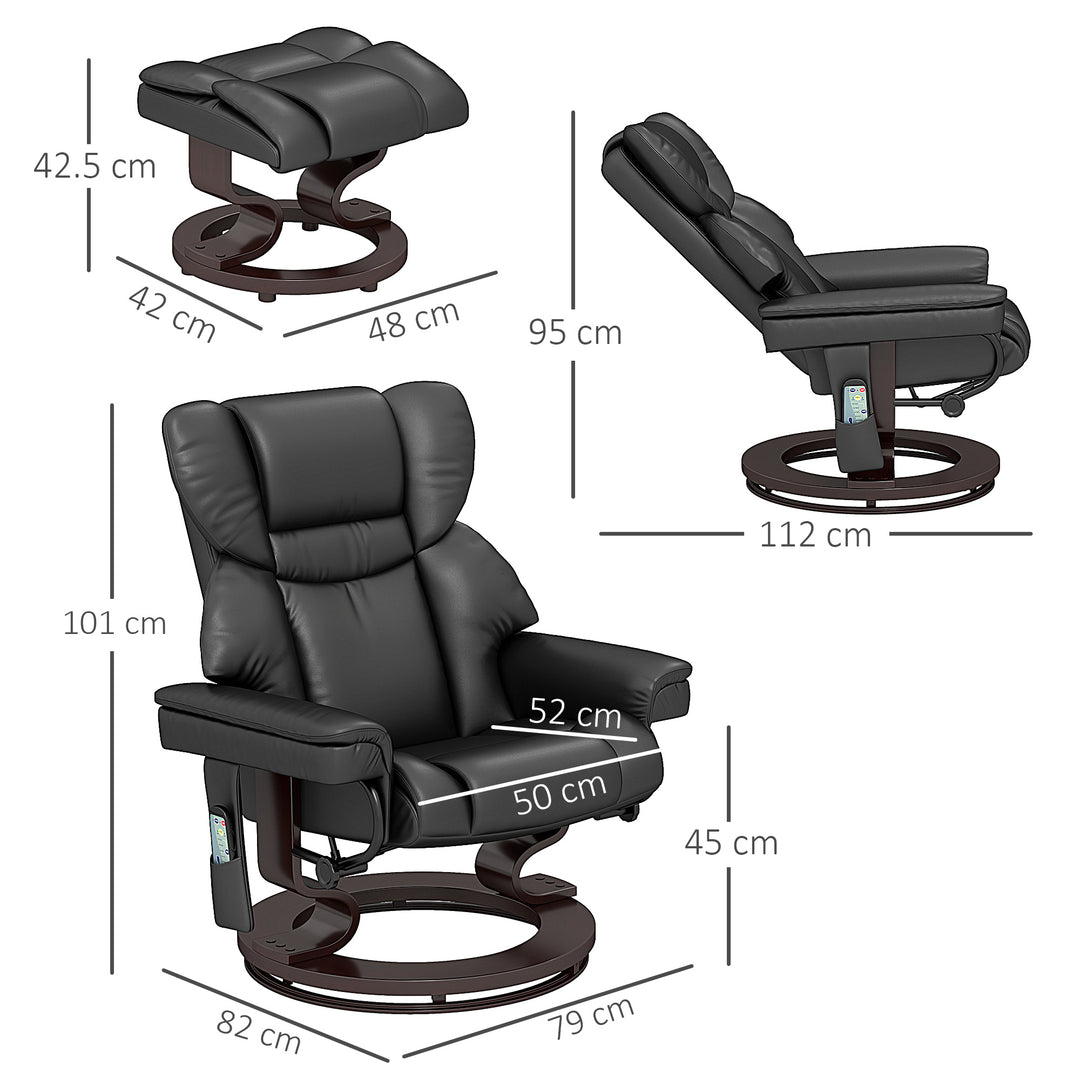 Massage Recliner Chair with Footstool, Upholstered Reclining Armchair with Adjustable Backrest, Steel Frame and Wood Base, Swivel Chair for Living Room, Bedroom, Black