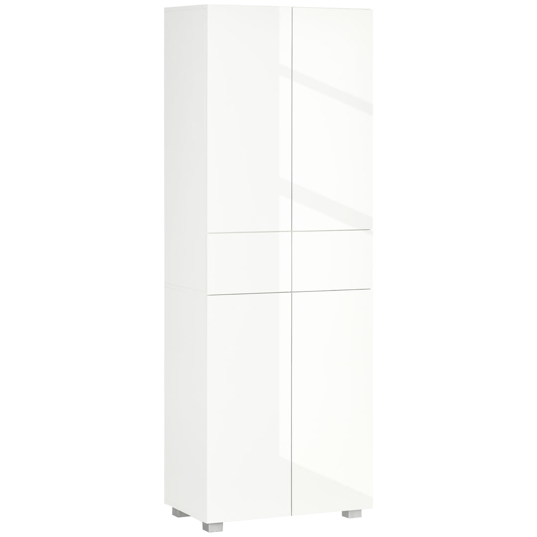 4-Door Kitchen Cupboard, Tall Freestanding 5-Tier Storage Cabinet with 3 Adjustable Shelves, 2 Drawers for Living Room, Dining Room, Push to Open Design, High Gloss White