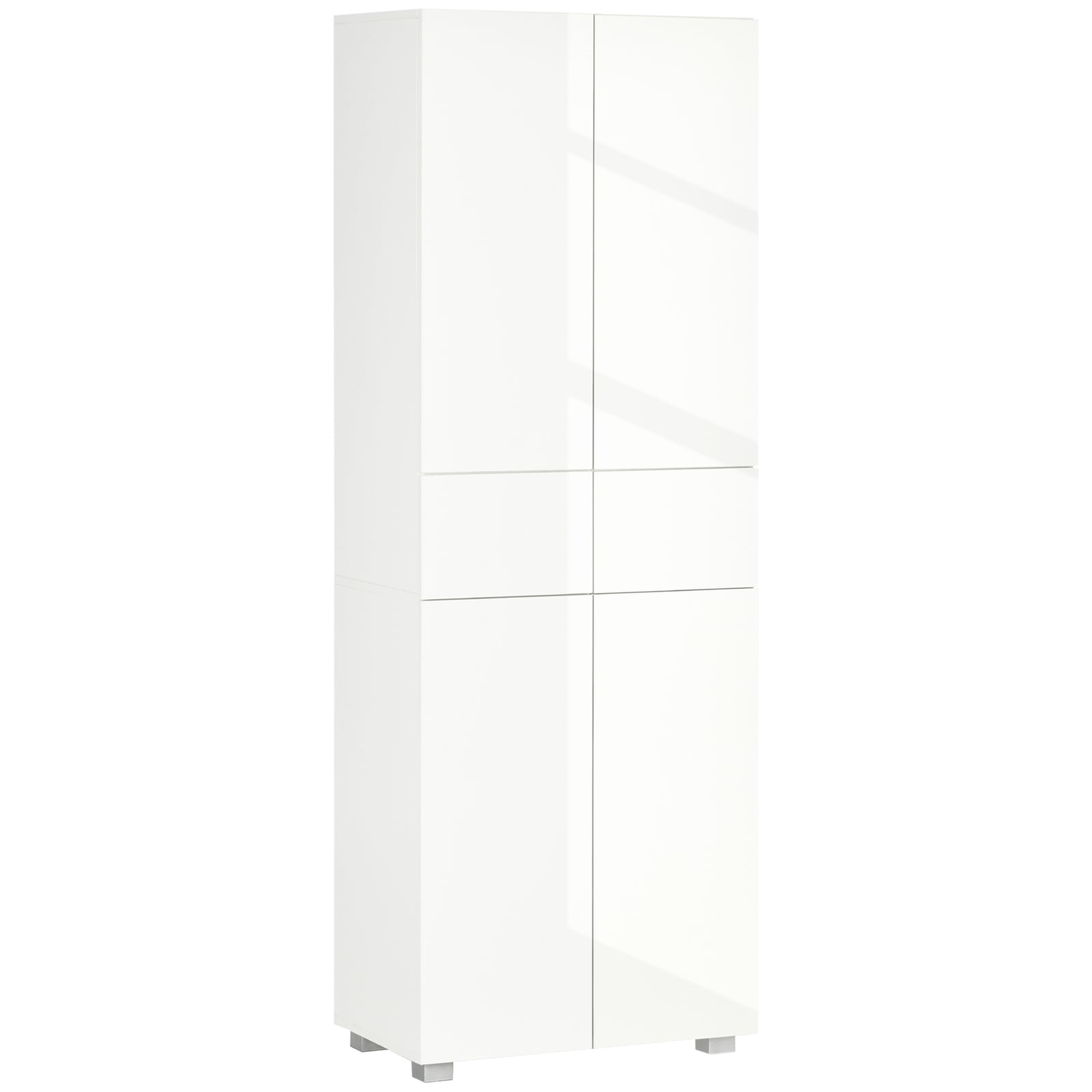 4-Door Kitchen Cupboard, Tall Freestanding 5-Tier Storage Cabinet with 3 Adjustable Shelves, 2 Drawers for Living Room, Dining Room, Push to Open Design, High Gloss White