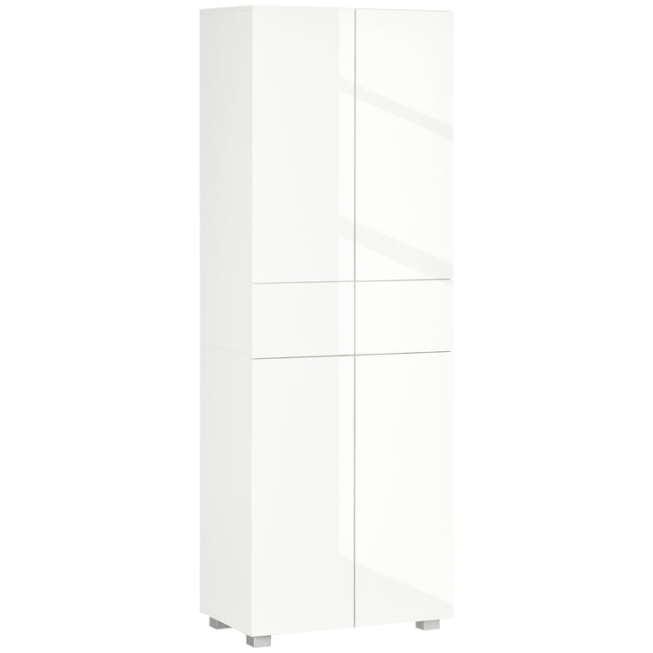 4-Door Kitchen Cupboard, Tall Freestanding 5-Tier Storage Cabinet with 3 Adjustable Shelves, 2 Drawers for Living Room, Dining Room, Push to Open Design, High Gloss White
