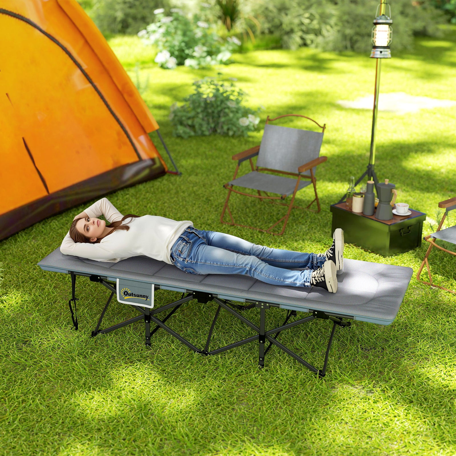 Folding Camping Bed for Adults with Cushion, Heavy Duty Portable Travel Camping Cot with Headrest, Side Pocket and Non-Slip Foot Pads for Outdoor Beach Travel Office, Grey