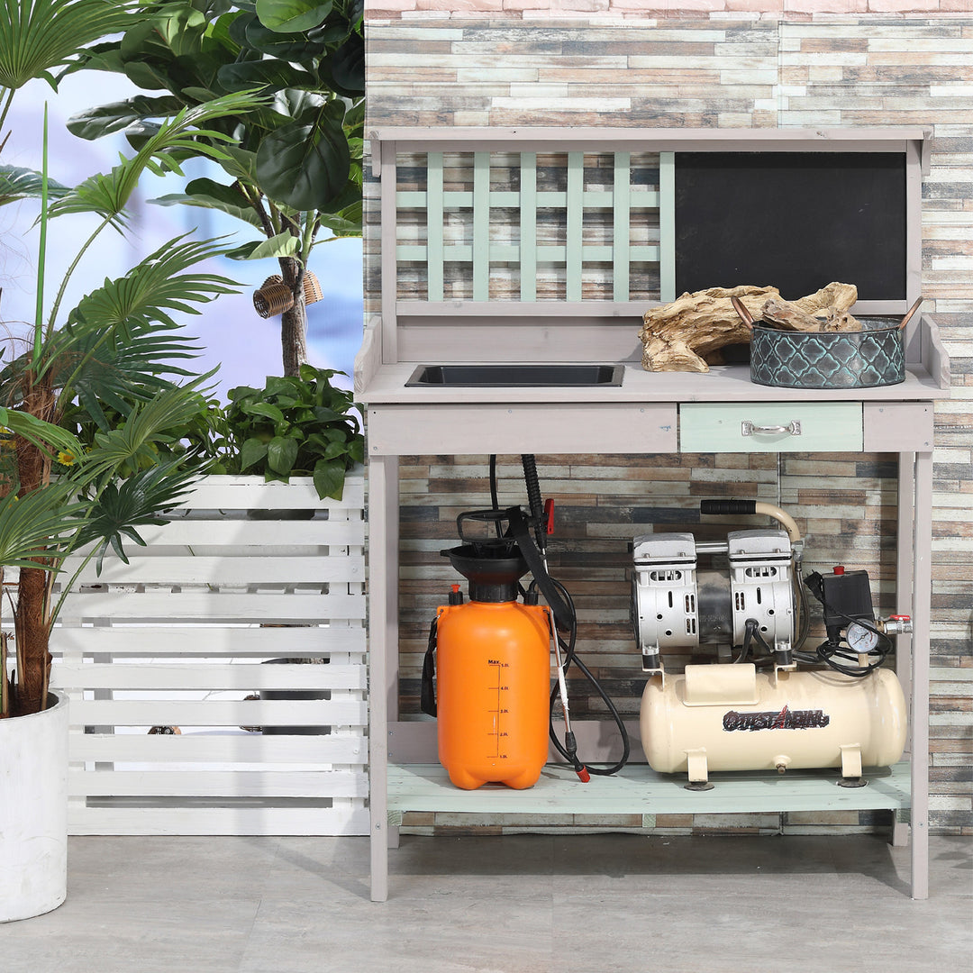 Garden Potting Table with Sink, Blackboard and Drawer, Wooden Planting Work Bench Workstation Outdoor Tool Storage Shelves