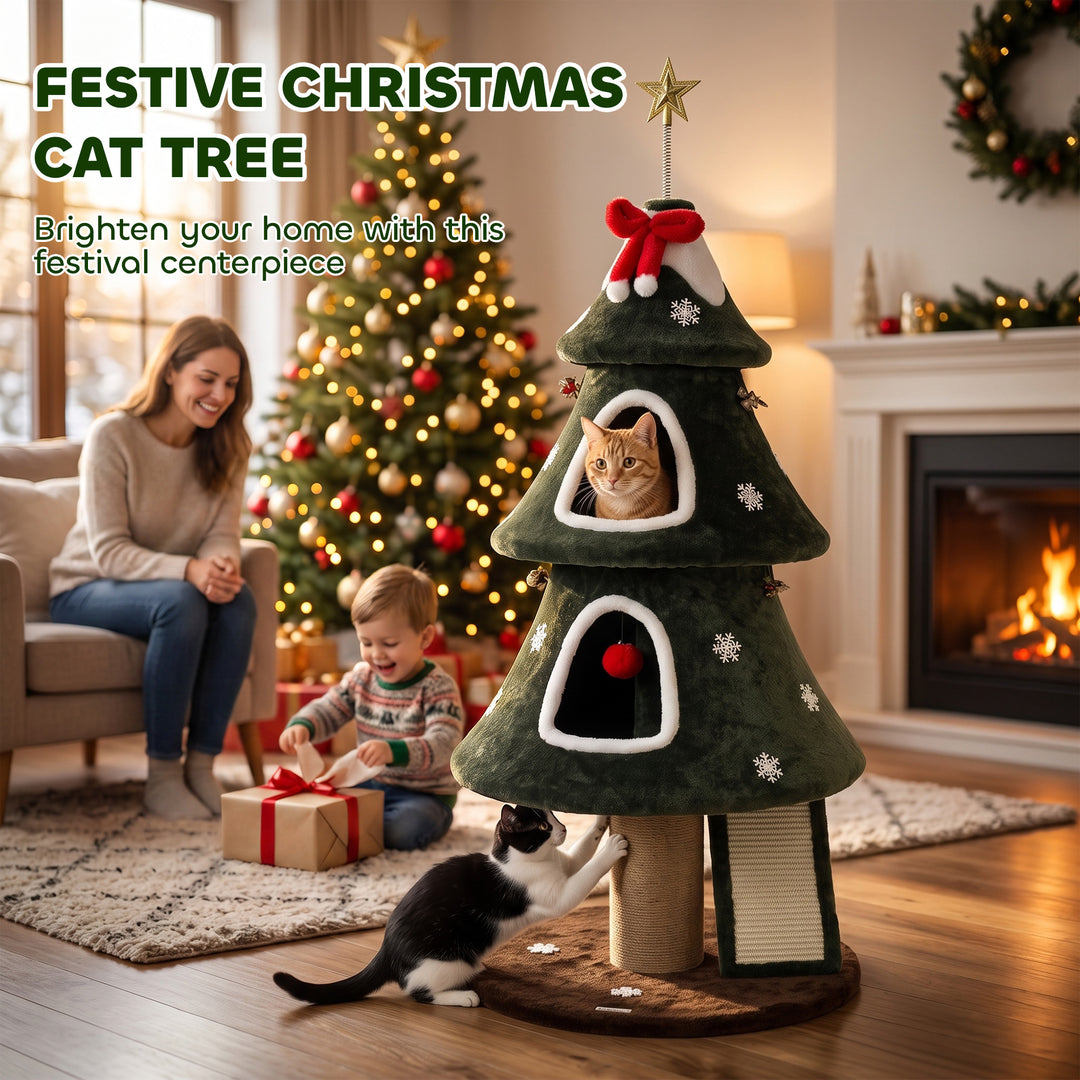 Cat Tree, Christmas Cat Tower with Dual Condos, Sisal Ladder, Jute Pos
