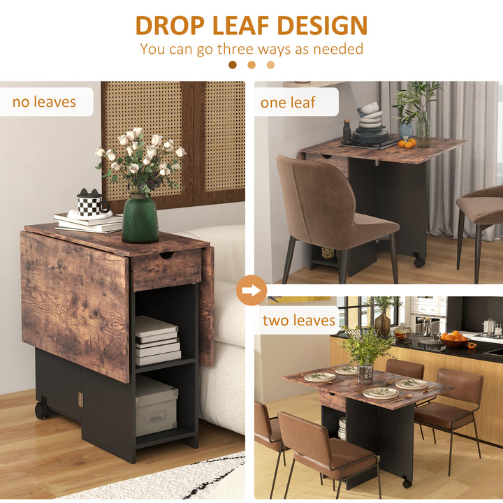 Folding Dining Table, Drop Leaf Table for Small Spaces, Foldable Table with Drawer and Storage Shelves for Kitchen, Dining Room, Rustic Brown