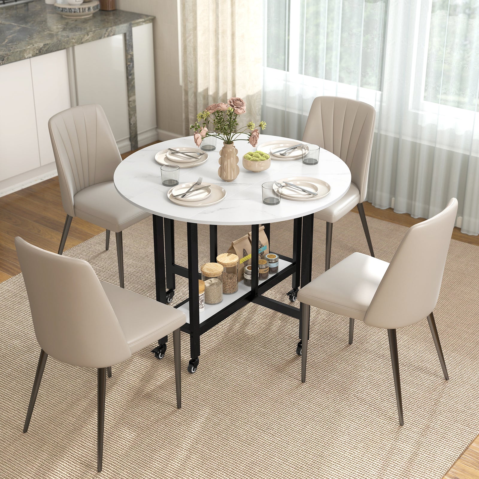 Folding Dining Table, Drop Leaf Table with Open Shelf, Rolling Kitchen