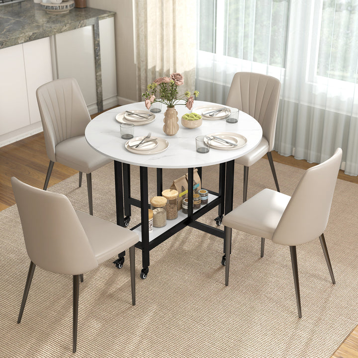 Folding Dining Table, Drop Leaf Table with Open Shelf, Rolling Kitchen