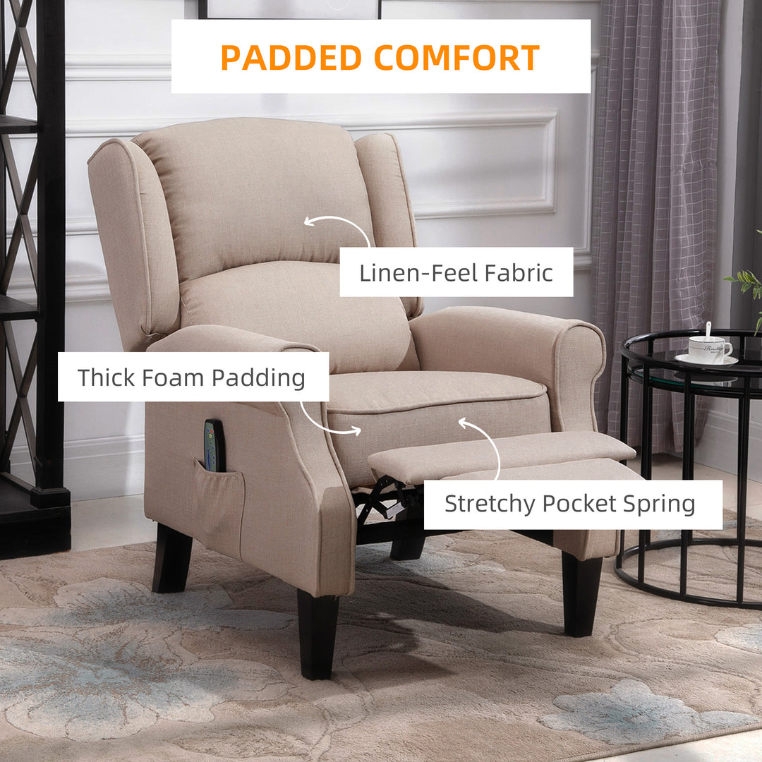 Heated Massage Reclining Armchair Thick Sponge Padded Linen Upholstery Metal Wood Frame Home Luxury Relaxation Beige