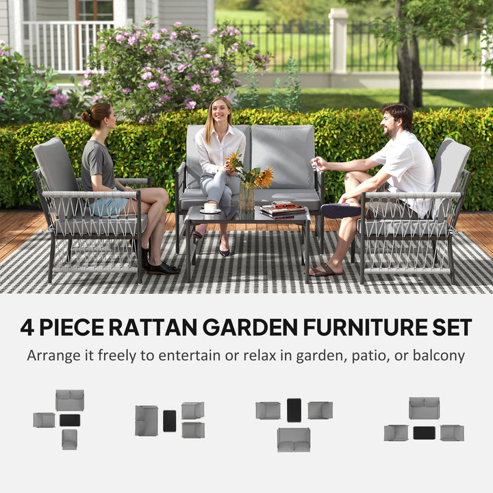 4 Piece Rattan Garden Furniture Set, 4 Seater Wicker Patio Conversation Set with 2 Armchairs, Loveseat, Glass Top Coffee Table and Cushions for Outdoor, Balcony, Grey