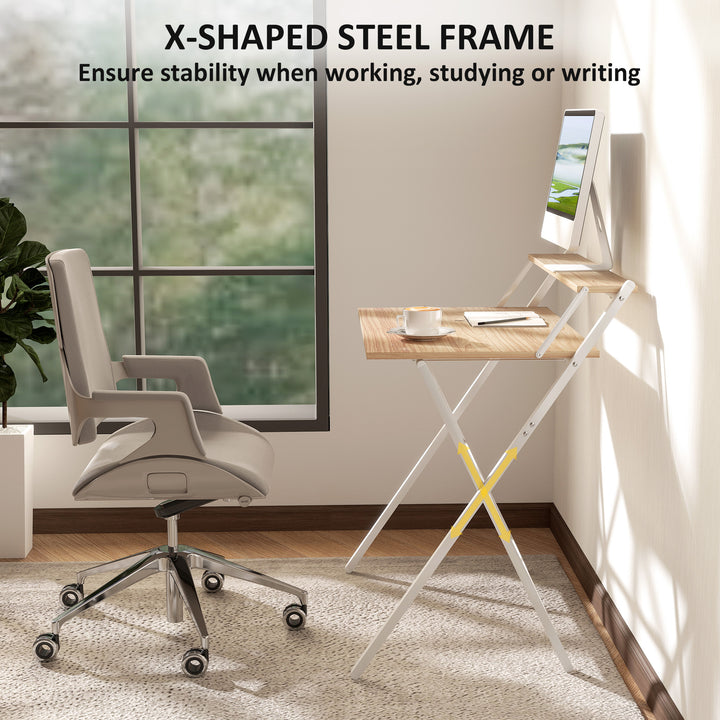81.5 cm Folding Computer Desk with Monitor Shelf - Natural Wood Finish