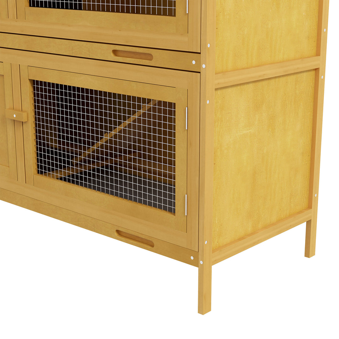 Double Decker Rabbit Hutch 2 Tier Guinea Pig House Pet Cage Outdoor with Sliding-out Tray, 97 x 44 x 91cm, Yellow