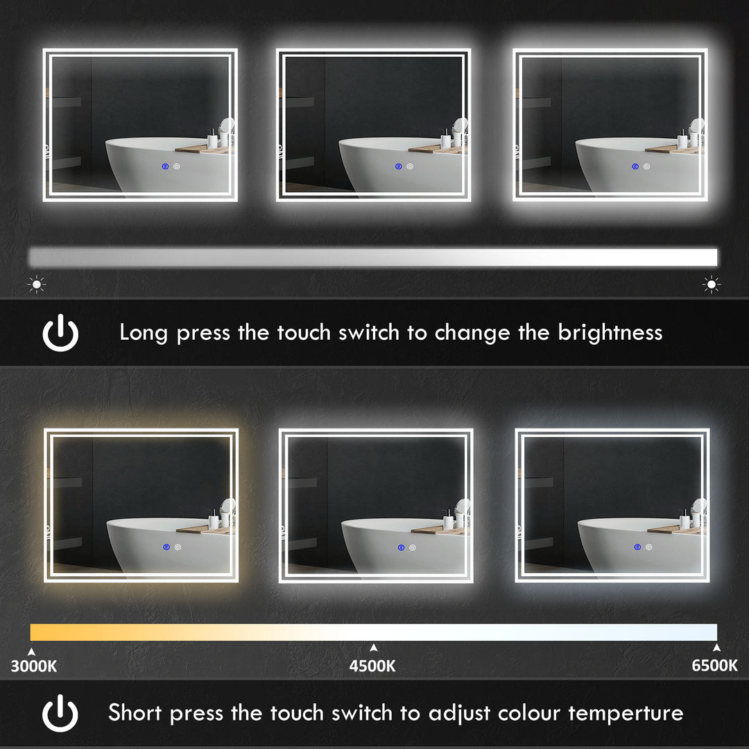 kleankin Illuminated LED Vanity Mirror: Smart Touch, Anti-Fog, 3 Colour Settings, 90x70cm | Aosom UK