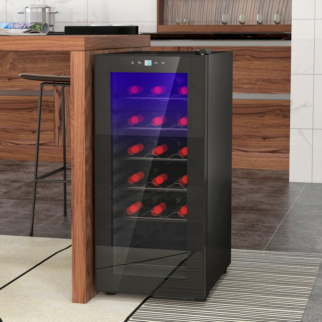 HOMCOM Freestanding Wine Fridge, 35cm Wide Undercounter Wine Cooler Fridge w/ Temperature Control, Digital Touch Screen, LED, Glass Door | Aosom UK