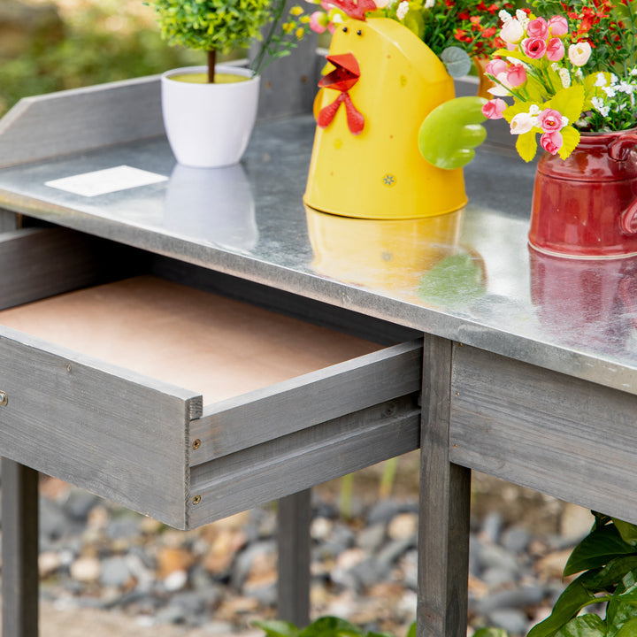 Garden Potting Table, Wooden Workstation Bench w/ Galvanized Metal Tabletop, Drawer, Storage Shelves and Hooks for Patios, Courtyards, Balcony