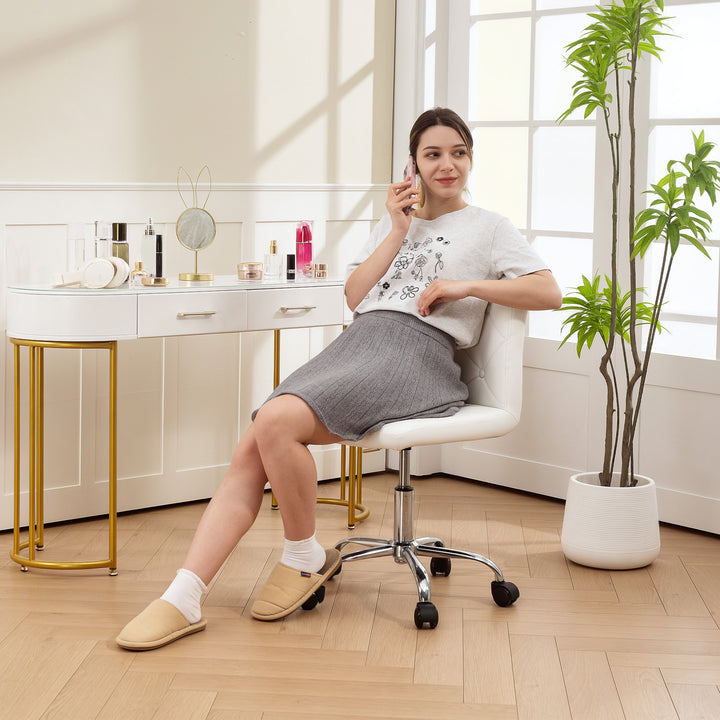 PU Leather Armless Office Chair, Modern Vanity Computer Swivel Chair with Rolling Wheels and Adjustable Height for Home Study, Bedroom, White