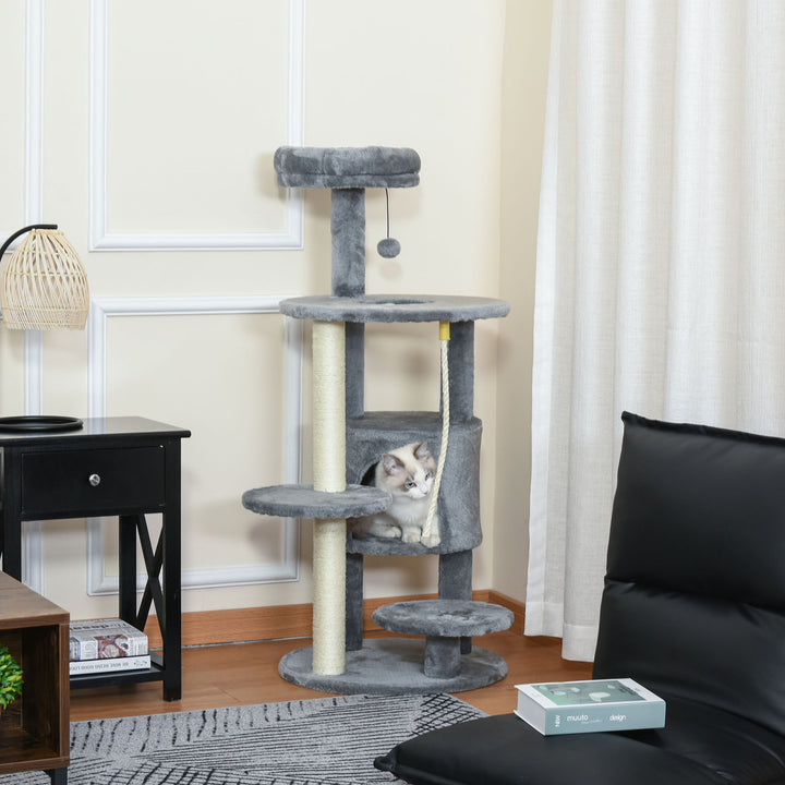 Cat Tree Tower for Indoor Cats 112cm Climbing Kitten Activity Center with Jute Scratching Post Perch Hanging Ball Toy Teasing Rope Dark grey