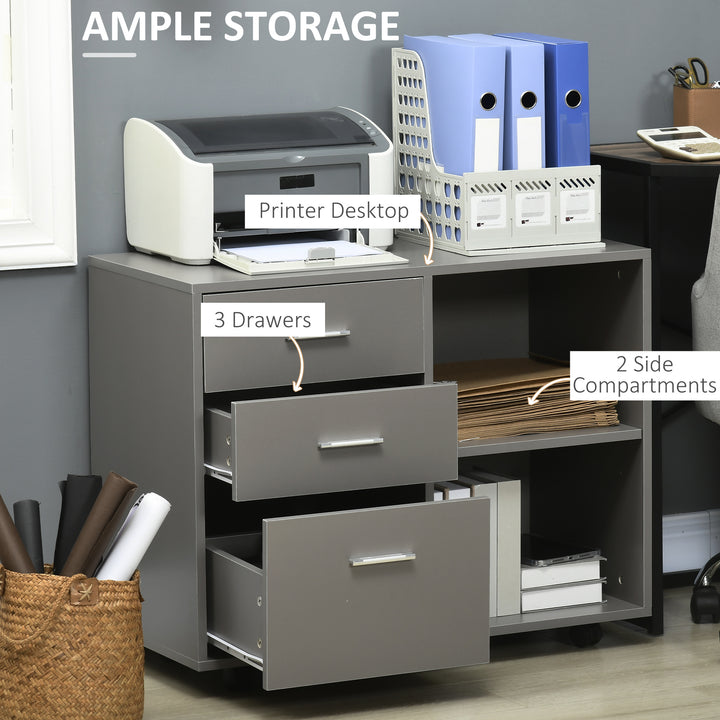 Freestanding Printer Stand Unit Office Desk Side Mobile Storage w/ Wheels 3 Drawers, 2 Open Shelves Modern Style 80L x 40W x 65H cm - Grey