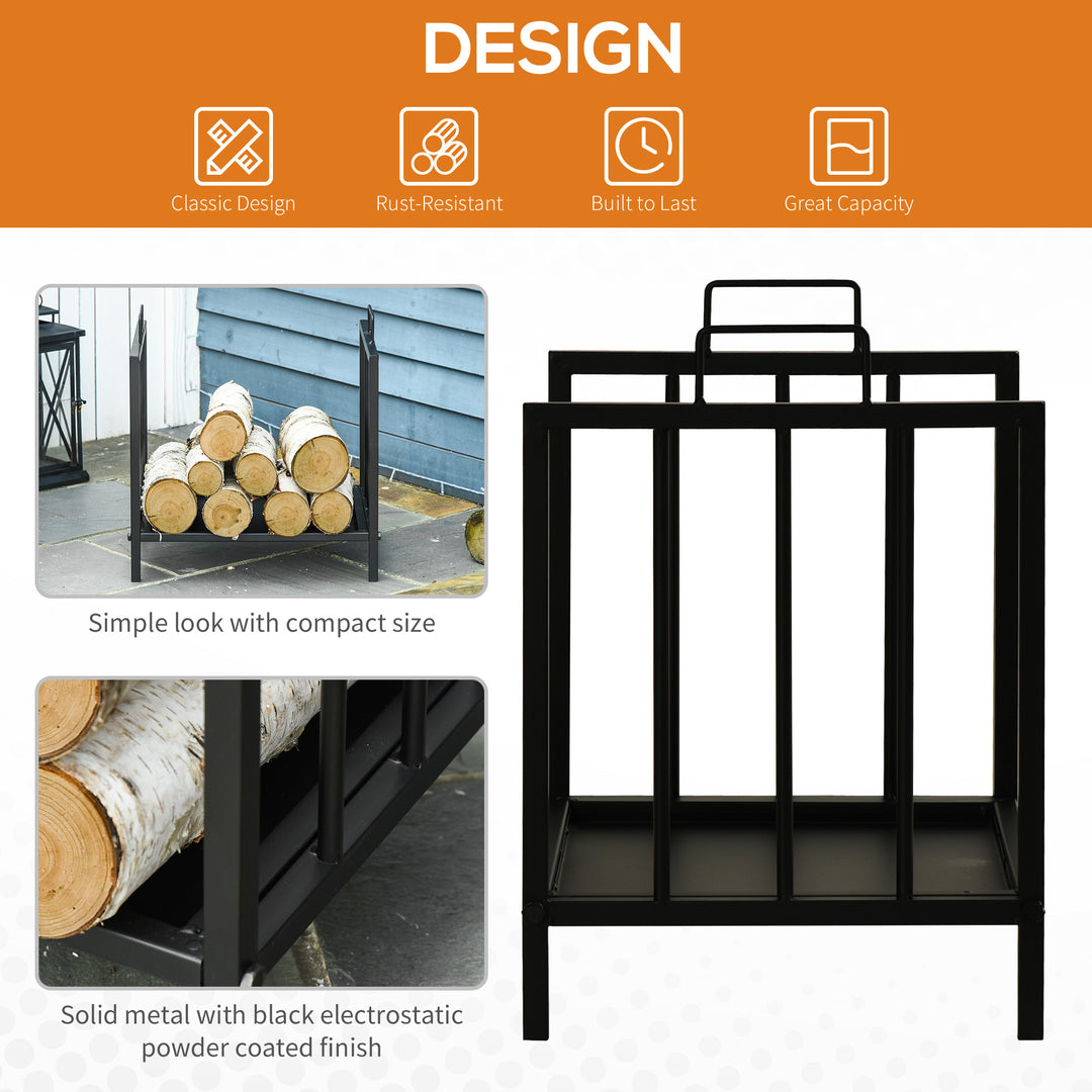 Metal Firewood Log Holder Indoor Outdoor Firewood Rack Fireplace Wood Storage Shelf w/ Handles, Rust-Resistant, Black, 39L x 32.5W x 46Hcm