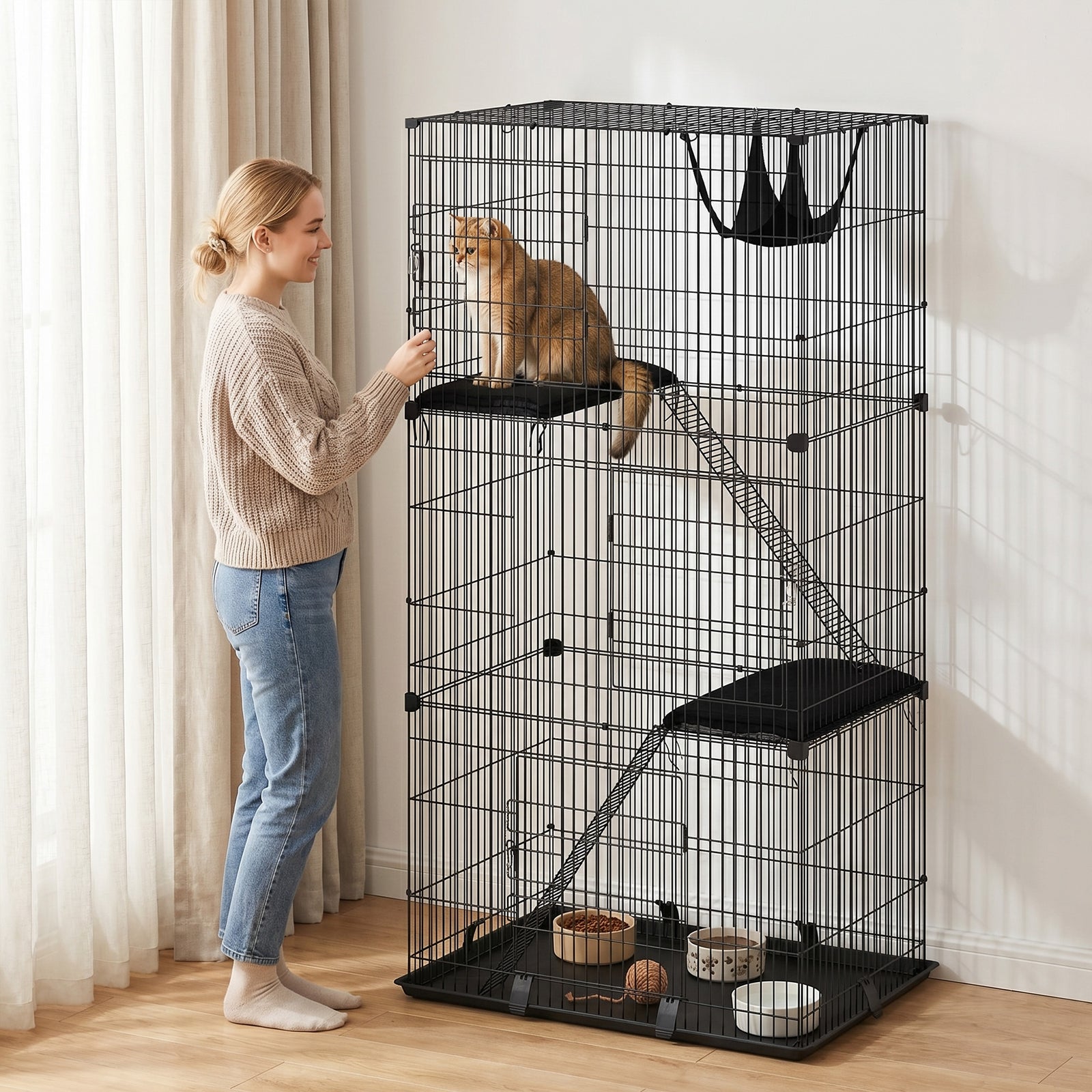 3-Tier Large Cat Cage Indoor, Detachable Metal Wire Kennel with Hammoc