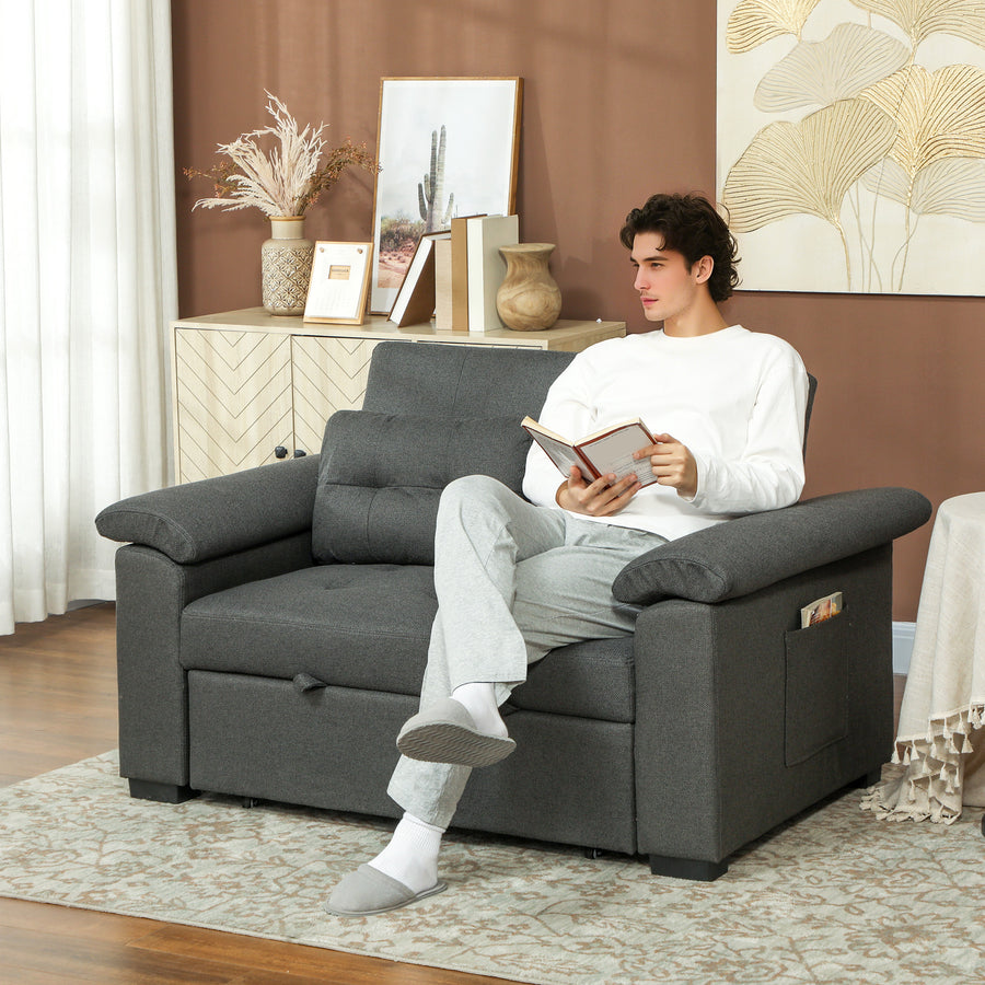 Pull Out Sofa Bed, Fabric 2 Seater Click Clack Sofa Bed Settee with 2 Pocket Springs, Convertible Sofa Couch with Pillows and Side Pockets for Living Room, Home Office, Charcoal Grey