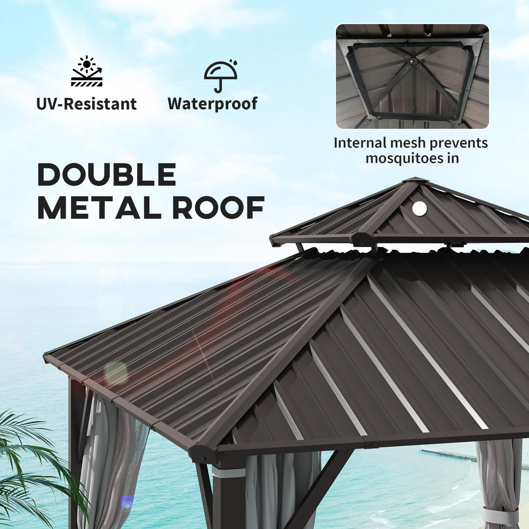 3 x 3(m) Hardtop Gazebo Canopy with Double Metal Roof, Waterproof Permanent Pavilion Garden Gazebo with Netting and Curtains, Easy to Assemble
