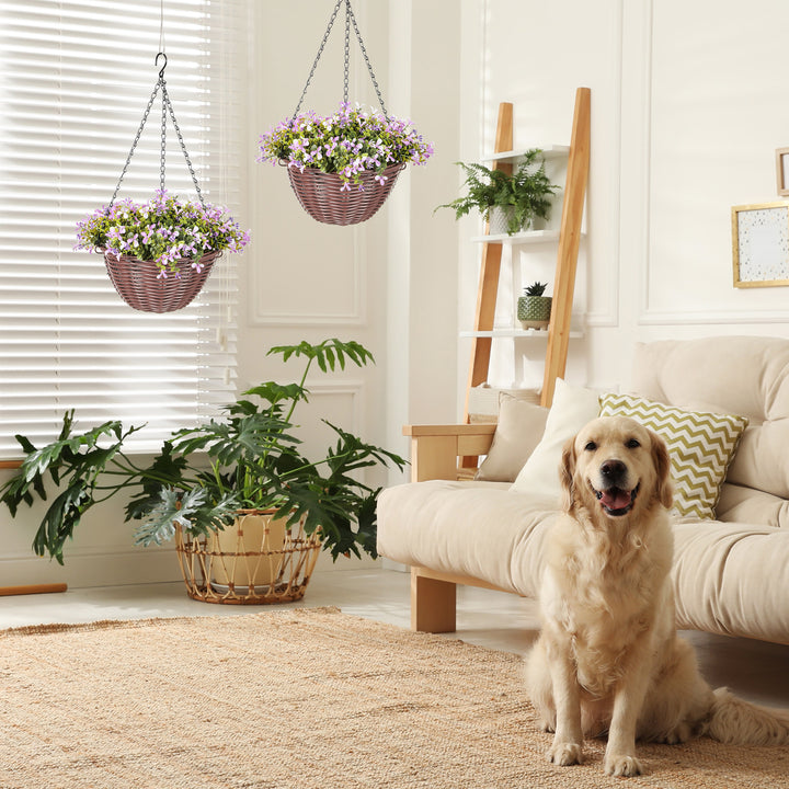 Artificial Flowers in Basket Set of 2, Artificial Hanging Baskets with 75 Leaves and 15 Flowers in Pot, Decorative Plant for Home Office Decor, Purple