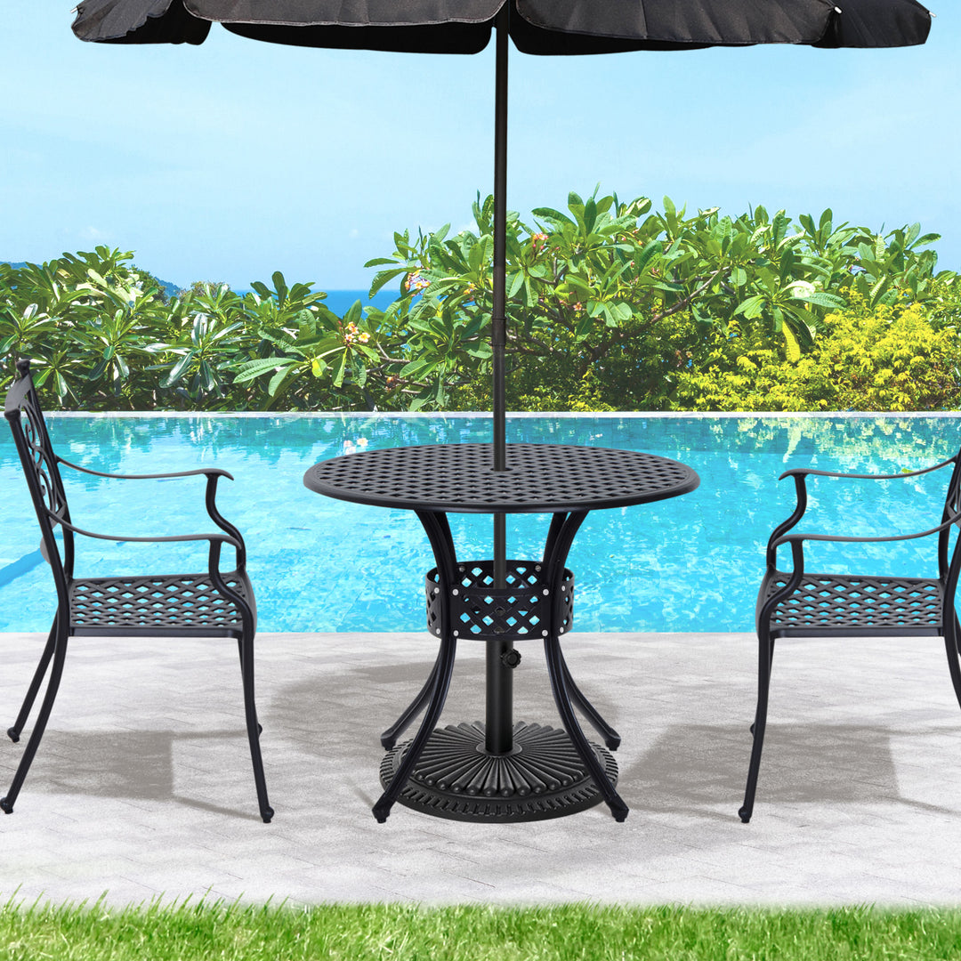 MCL 85cm Round Garden Table with Umbrella Hole, Aluminium Grid Motif Outdoor Dining Table for Garden Patio, Black