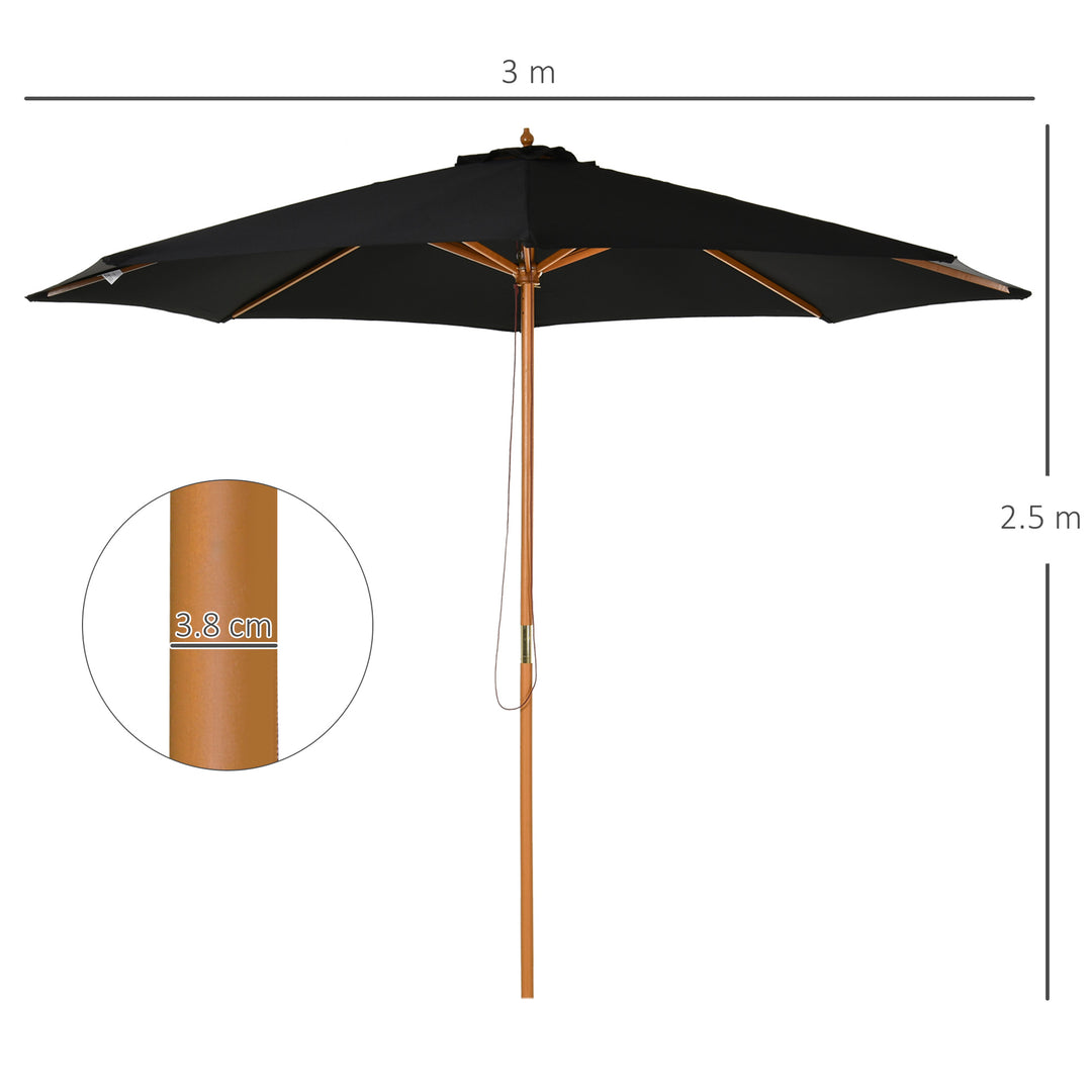 3(m) Garden Parasol, Pulley Operated Patio Umbrella, Wooden Table Market Umbrella with Rope Pulley Mechanism and 8 Ribs, Black