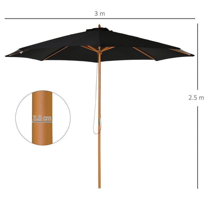 3(m) Garden Parasol, Pulley Operated Patio Umbrella, Wooden Table Market Umbrella with Rope Pulley Mechanism and 8 Ribs, Black