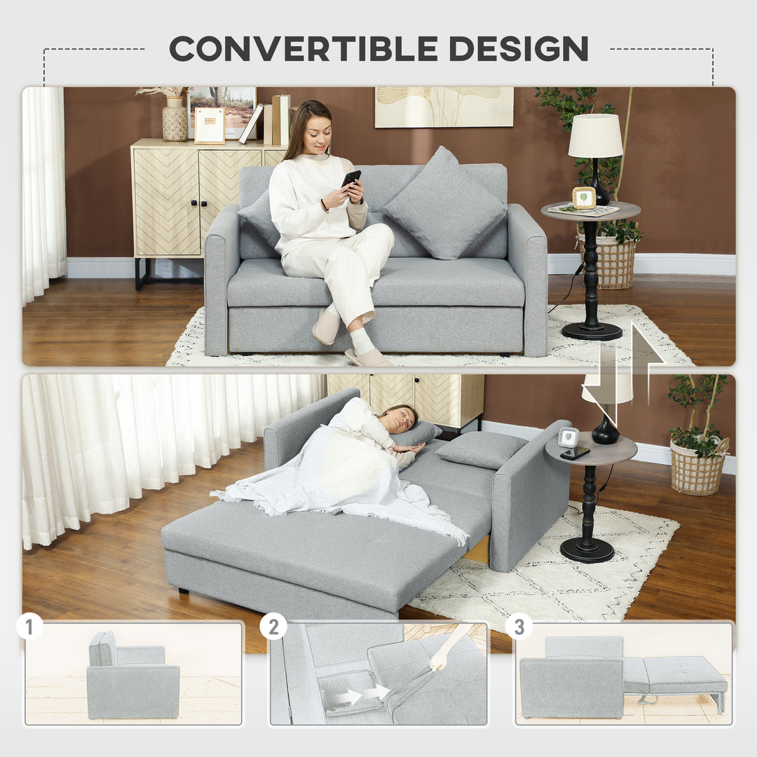 2 Seater Sofa Bed, Convertible Bed Settee, Modern Linen Loveseat Sofa Couch with 2 Cushions, Hidden Storage for Living Room, Guest Room, Light Grey